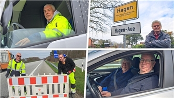 Sie alle waren von der A27-Sperrung betroffen: Lkw-Fahrer Robert Effenberger (v.l.), Anwohner Siegfried Brandt, Bauarbeiter Hartmut Altrogge (l.) und Patrick Kopaß sowie Urlauber Eberhard Berger mit seiner Ehefrau. 