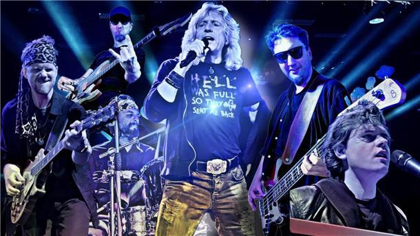 Sechs Musiker der Klabautermann – Santiano Tribute Band auf der Bühne, beleuchtet von blau-violetten Scheinwerfern; im Zentrum der Sänger mit Mikrofon, flankiert von Gitarristen, Bassist, Schlagzeuger und Keyboarder.