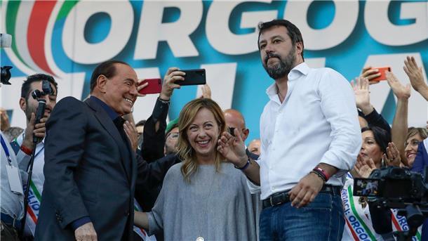 Nach Tod von Berlusconi: Italiens Regierung gefordert Silvio Berlusconi (l-r), Giorgia Meloni und Matteo Salvini.
