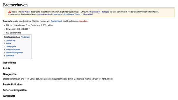 „Südlich von Irgendwo“: Wie Bremerhaven in Wikipedia begann So sah der erste Eintrag in Wikipedia zu Bremerhaven aus. Er wurde am 21. September 2002 von Benutzer Pit ins Netz gestellt.