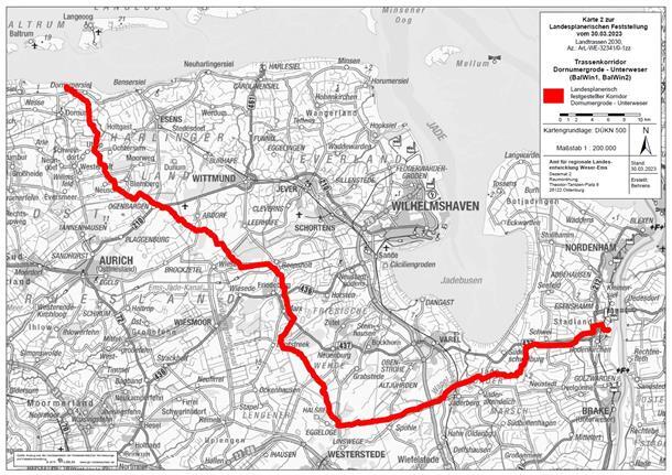 So sieht der landesplanerisch festgestellt Trassenkorridor für die Strecke von Dornumergrode im Landkreis Aurich nach Unterweser in Stadland aus. Karte: Amt für Regionale Landesentwicklung Weser-Ems.