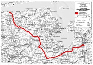 So sieht der landesplanerisch festgestellt Trassenkorridor für die Strecke von Dornumergrode im Landkreis Aurich nach Unterweser in Stadland aus. Karte: Amt für Regionale Landesentwicklung Weser-Ems.