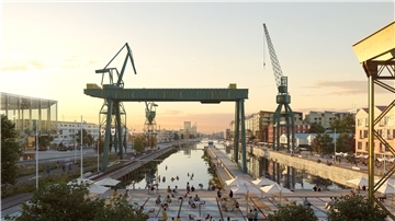 So soll das Herzstück des neuen Werftquartiers auf dem ehemaligen Gelände der Seebeckwerft aussehen. Visualisierung: Cobe