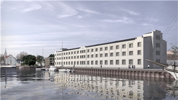 So soll der ehemalige Speicher Ende des Jahres aussehen. Die Fassade wird mit einem cremefarbenen Schlemmputz überzogen. Die Struktur des Mauerwerks bleibt sichtbar. Visualisierung: Haslob Kruse + Partner