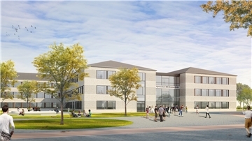 So soll der rund 75 Millionen Euro teure Neubau von Gymnasium (rechts) und BBS Bremervörde (links) aussehen. Die Visualisierung zeigt unter anderem den künftigen gemeinsamen Eingangsbereich der Schulen (Glasfront), der als Verbindung zwischen den beiden Neubauten fungieren wird. Zunächst wird der Gymnasium-Neubau errichtet, danach das alte Gymnasium abgerissen und die neue BBS gebaut.