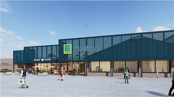 So wird er aussehen, der neue Edeka-Markt von Tobias Holling in Langen. Rechts vorne ist das ehemalige Lidl-Gebäude, das während des Neubaus als Übergangsquartier dient und später den Getränkemarkt beherbergen wird.