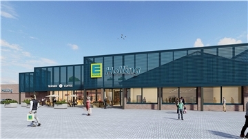 So wird er aussehen, der neue Edeka-Markt von Tobias Holling in Langen. Rechts vorne ist das ehemalige Lidl-Gebäude, das während des Neubaus als Übergangsquartier dient und später den Getränkemarkt beherbergen wird.