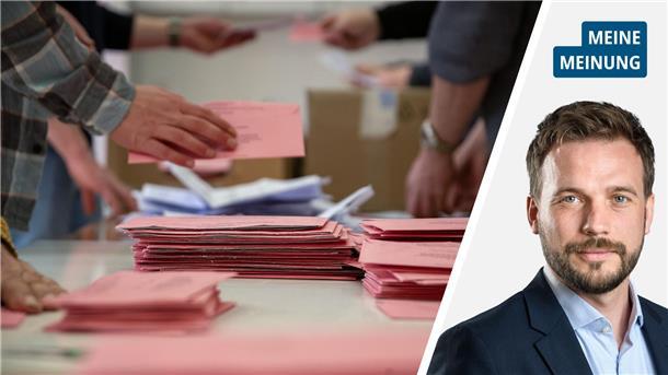 Bereits geöffnete rosafarbene Wahlumschläge liegen zur Auszählung der Briefwahlstimmzettel bereit (links). Rechtes Bild: ein Mann mit Bart. 