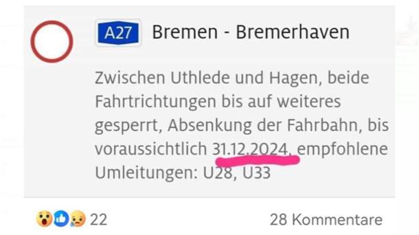 A27-Update: Neues Gerät im Einsatz - So sollen die Arbeiten schneller vorankommen Sperrung bis Dezember? Diese Nachricht sorgt für Entsetzen.