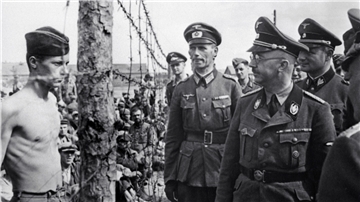 SS-Chef Heinrich Himmler blickt einen Kriegsgefangenen hinter einem Zaun an.