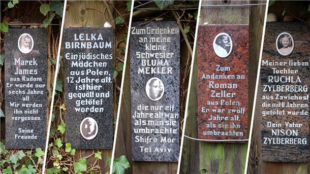 Stelen erinnern in einem Rosengarten in der Nähe der Schule am Bullenhuser Damm im Hamburger Stadtteil Rothenburgsort an ermordete Kinder.