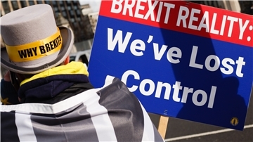 Ein Mann mit einem Schild mit der Aufschrift „Brexit Reality: We've Lost Control" und trägt dabei einen Hut mit der Aufschrift „Why Brexit?". 