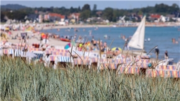 Strandkörbe stehen bei Sonnenschein und spätsommerlichen Temperaturen von rund 22 Grad Celsius am Strand.