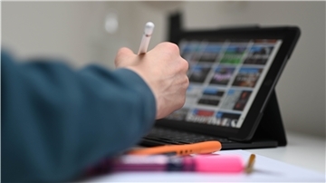 Symbolbild: Ein Schüler arbeitet an einem iPad mit einer Lernplattform. Foto: Uli Deck/dpa