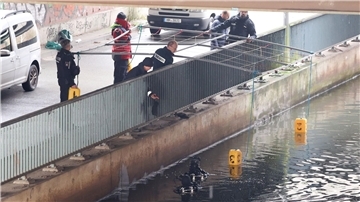 Taucher der Hamburger Polizei bei der Suche in einem Kanal in Wilhelmsburg. Ein Angler hatte hier eine Tüte mit menschlichen Überresten entdeckt.
