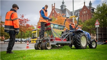 Theo de Vries (vorn) steuert den Traktor mit Anhänger über die Rabatten an der Melchior-Schwoon-Straße. 