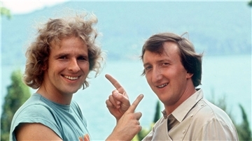 Thomas Gottschalk (l) und Mike Krüger bei den Dreharbeiten zum Kinofilm „Die Supernasen“ (1983).