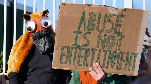 Englands tierische Traditionen in der Kritik Tierschutz-Aktivisten protestieren gegen das Hindernisrennen in Aintree.