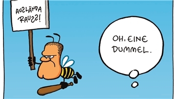 Titelbild mit einer Karikatur von Ralph Ruthe für die Wanderausstellung "Oh eine Dummel", die sich in Karikatur und Satire einem vor allem jugendgerechten Zugang zu den Themen Rechtsextremismus und Menschenfeindlichkeit widmet.