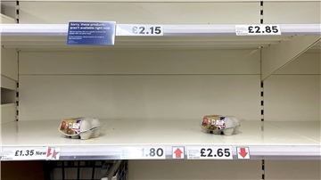 Übersichtliches Angebot im Eierregal einer Tesco-Filiale in Ashford. Tesco hat sich anderen Supermärkten angeschlossen und die Anzahl der Eierkartons, die Kunden kaufen können, begrenzt, da die Auswirkungen der steigenden Kosten und der Vogelgrippe weiterhin ihren Tribut fordern.
