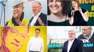 Vier Spitzenkandidaten für die Landtagswahl in Niedersachsen am 9. Oktober: Ministerpräsident Stephan Weil (SPD, o. l.), Grünen-Fraktionschefin Julia Willie Hamburg, FDP-Landeschef Stefan Birkner (u. l.) und Wirtschaftsminister und Vize-Ministerpräsident Bernd Althusmann (CDU).