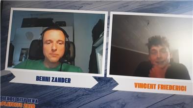 Vincent Friederici im Gespräch mit Magentasport-Experte Benni Zander (links), der die ePlayofs der ProA kommentiert.