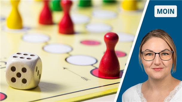 Spieleabend aus der Not heraus – gerne wieder! Ein geteiltes Bild. Auf der linken Seite ist ein Mensch, ärgere dich nicht-Spielbrett abgebildet. Auf der rechten Seite eine junge Frau mit Brille.