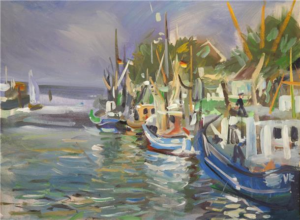 Von dem Künstler Hartmut van Riesen stammt dieses Gemälde mit einer Ansicht des Fedderwardersieler Hafens. Es entstand Ende August 1979 und wird in der Ausstellung zu sehen sein.