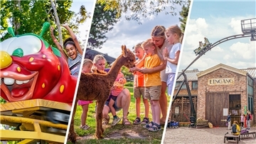 Collage aus drei Bildern. Im Ersten sitzt ein Mädchen in einer raupen-förmigen Achterbahn, im Zweiten streicheln Kinder ein Alpaka, im Dritten ist eine Achterbahn zu sehen.