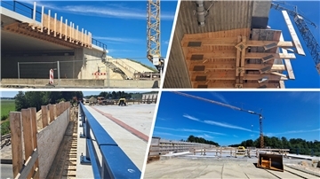Bilder von einer Brückenbaustelle an der B71. Die Reste der Holzverschalung werden zum Gießen der Brücke entfernt. Auch die Entwässerungsrohre werden unterhalb des Bauwerkes angebracht. 