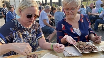 Während Renate Künast (rechts) den kleinen Seestern auf der Hand hält, den ihr Söhnke Thaden geschenkt hat, zeigt Ina Korter der Parteifreundin, wie man Krabben pult.
