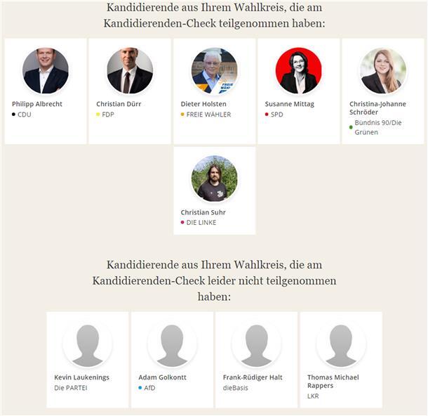 Bundestagswahl: Wie sich die Direktkandidaten im Netz präsentieren Kandidierenden-Check von Abgeordnetenwatch: Kandidaten aus dem Wahlkreis Delmenhorst - Wesermarsch - Oldenburg-Land.