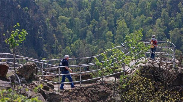 Heide und Harz mit Buchungen zufrieden Wanderer stehen auf dem Rosstrappefelsen und genießen die Aussicht ins Bodedal.