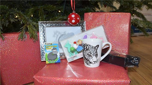 Unter einem Weihnachtsbaum auf einer rot-silbernen Geschenkbox stehen sechs Weihnachtsgeschenke: ein silberner Bilderrahmen, ein Kinderkartenspiel "Schwarzer Peter", Einhornradiergummis, ein Holzengel als Schlüsselanhänger, eine Tasse mit dem Kopf eines Leoparden und eine schwarze Dreifach-Steckdosenleiste mit Ein- und Ausschalter.