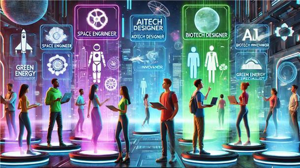 Futuristisches, animiertes Bild von einer Gruppe Jugendlicher, die sich verschiedene Berufe anschaut.