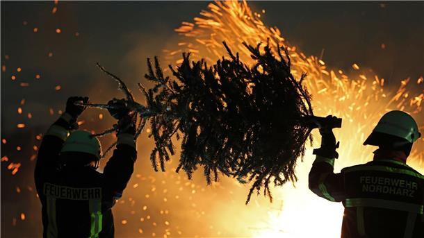 Bilder des Tages Weihnachtsbäume brennen in einer Feuerschale zum Knutfest in der Gemeinde Stapelburg in Sachsen-Anhalt.