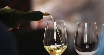  Ein Glas wird mit Weißwein gefüllt. 
