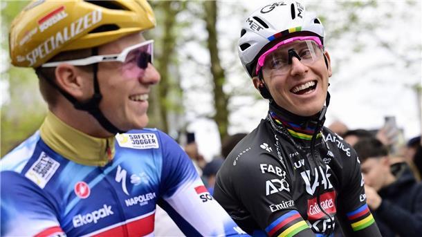 Weltmeister gegen Olympiasieger: Tadej Pogacar (r) und Remco Evenepoel beim Flèche Wallonne.