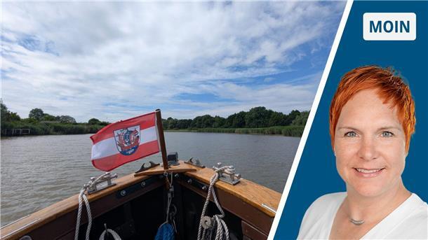 Geteiltes Bild: Links ein Holzboot in Fahrt, rechts die Autorin im Porträt.