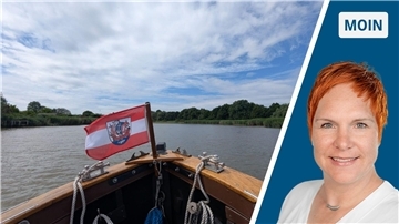 Geteiltes Bild: Links ein Holzboot in Fahrt, rechts die Autorin im Porträt.