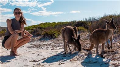 Wie organisiere ich mein Work & Travel? Maike Brennenstuhl – hier mit Kängurus in Australien – hat mit Co-Gründern eine besondere Agentur.