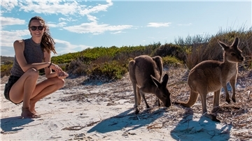 Wie organisiere ich mein Work & Travel? Maike Brennenstuhl – hier mit Kängurus in Australien – hat mit Co-Gründern eine besondere Agentur.