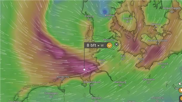 Windstärke 8 vor Bremerhaven um 19 Uhr: Der Sommersturm "Poly" prägt unsere Region heute. Und es bleibt bis in die Nacht stürmisch.