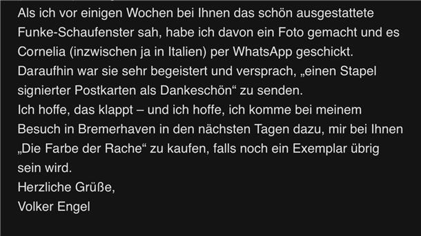 Da springt der Funke über: Bestsellerautorin beglückt Bremerhavener Buchhandlung Die E-Mail von Volker Engel an die Buchhandlung Memminger zu ihrem Cornelia-Funke-Schaufenster.