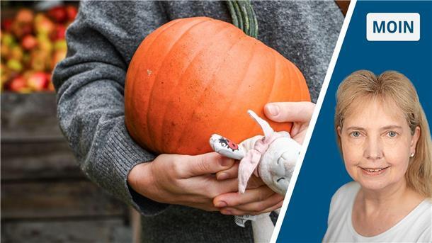 großer Kürbis und Kuscheltier liegen im Arm einer Frau