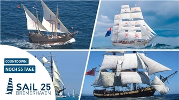 Zum ersten Mal bei der Sail: Die Karavelle „Vera Cruz“ (v.l.o.n.r.u.), die „Shabab Oman II“, die „Unión“ und die „Phoenix“.