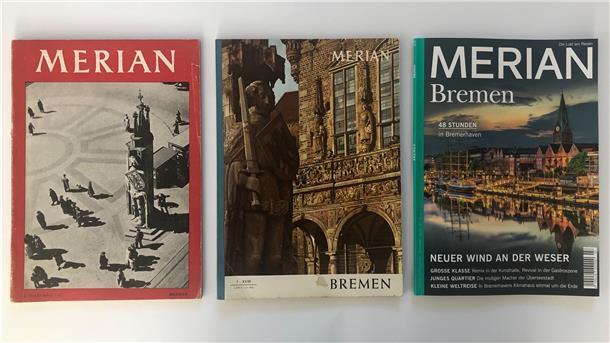 Drei verschiedene Heftausgaben von "Merian" sind nebeneinander platziert.