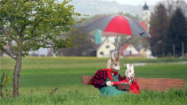 Wechselhaftes Wetter zu Ostern Zwei als Osterhasen dekorierte Strohpuppen sitzen mit einem großen Regenschirm an einem Feld.