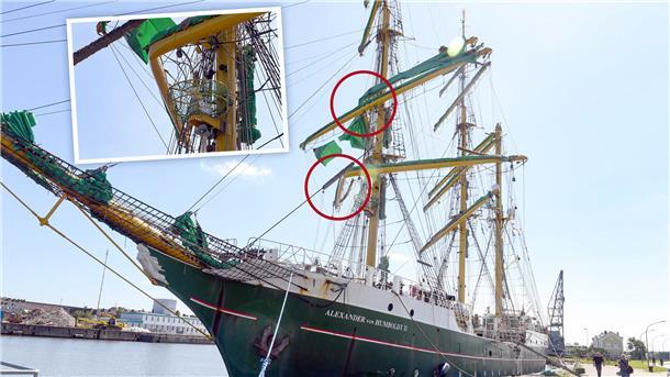 Zwei Rahen der "Alexander von Humboldt II" sind deutlich geknickt. Auch das große Werbesegel für die "Sail 2025" in Bremerhaven wurde bei dem Zwischenfall zerrissen.