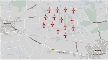 Zwischen Sellstedt und Wehdel sollen 14 neue Wind-Riesen gebaut werden. Wenn die Pläne verwirklicht werden, wird das erst der zweite Windpark in Schiffdorf. Karte: Energiekontor/Grafik: Schnibbe